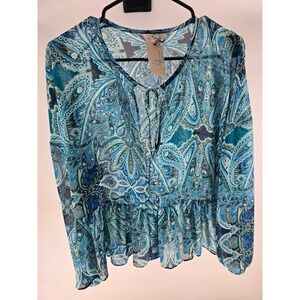 Belle Sky Blue Paisley Peplum Blouse V-Neck Tie Front Sheer Long Sleeve Top L